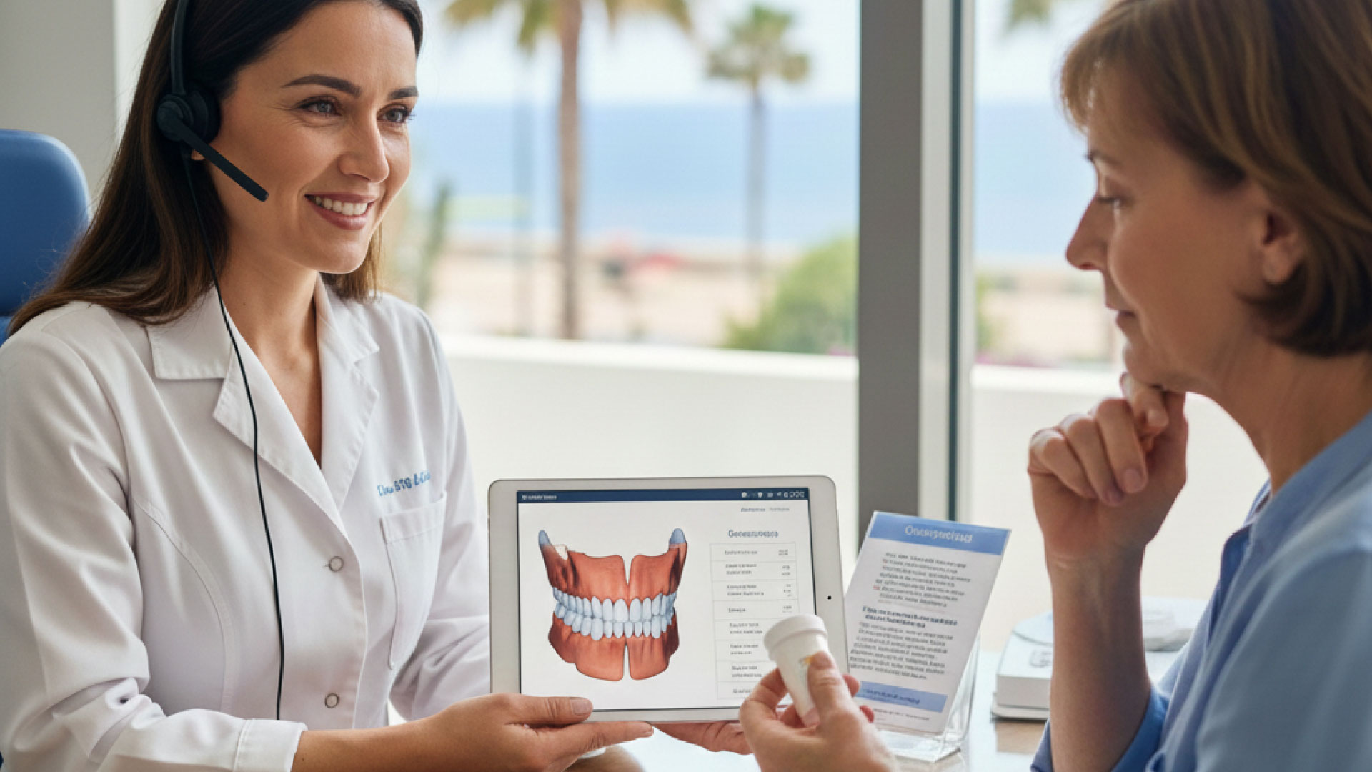 At Dr. Lenia’s Dental Surgery in Paphos, the doctor discusses the interaction between osteoporosis drugs dentist and the jawbone with an elderly patient. The image reflects the theme 'Osteoporosis Drugs Dentist: The Risks You Need to Know,' emphasizing in-depth consultation before extractions.