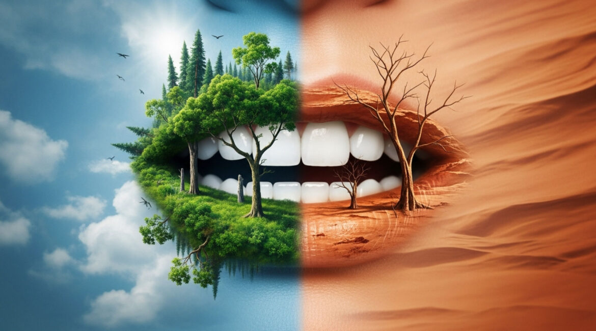A conceptual image of a human mouth split in two: the left side shows healthy white teeth surrounded by a vibrant green forest under a blue sky, symbolizing a balanced oral microbiome. The right side shows stained teeth and cracked lips in a dry, orange desert landscape with dead trees and white spots, representing oral fungal infection and the impact of harmful bacteria.