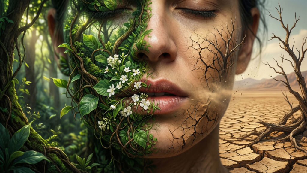 A conceptual image of a human mouth split in two: the left side shows healthy white teeth surrounded by a vibrant green forest under a blue sky, symbolizing a balanced oral microbiome. The right side shows stained teeth and cracked lips in a dry, orange desert landscape with dead trees and white spots, representing oral fungal infection and the impact of harmful bacteria.