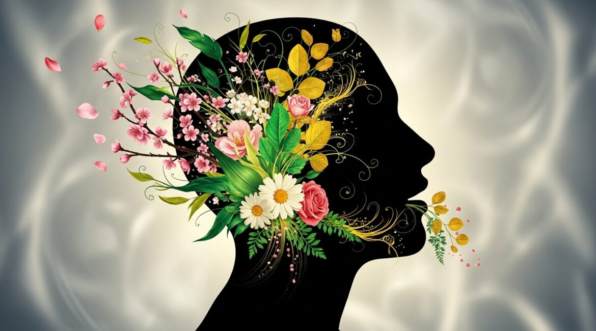 An artistic composition merging a human profile silhouette with natural elements, featuring blooming flowers and leaves within the brain and mouth areas, symbolizing the connection between mental and oral health.