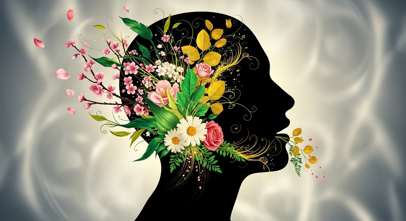 Home 13 An artistic composition merging a human profile silhouette with natural elements, featuring blooming flowers and leaves within the brain and mouth areas, symbolizing the connection between mental and oral health.