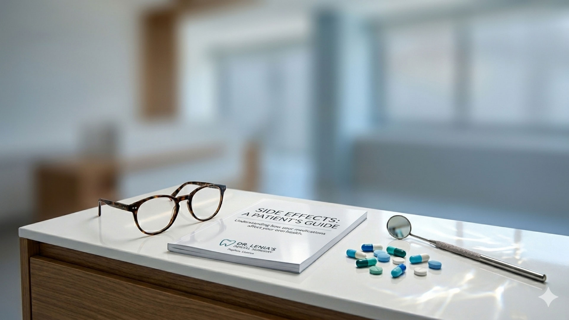 A close-up photograph of a clinical guide titled 'Side Effects: A Patient's Guide' featuring the Dr. Lenia’s Dental Surgery logo, resting on a white reflective counter alongside eyeglasses, colorful pills, and a professional dental mouth mirror. The background shows a bright, modern dental clinic with a soft bokeh effect.