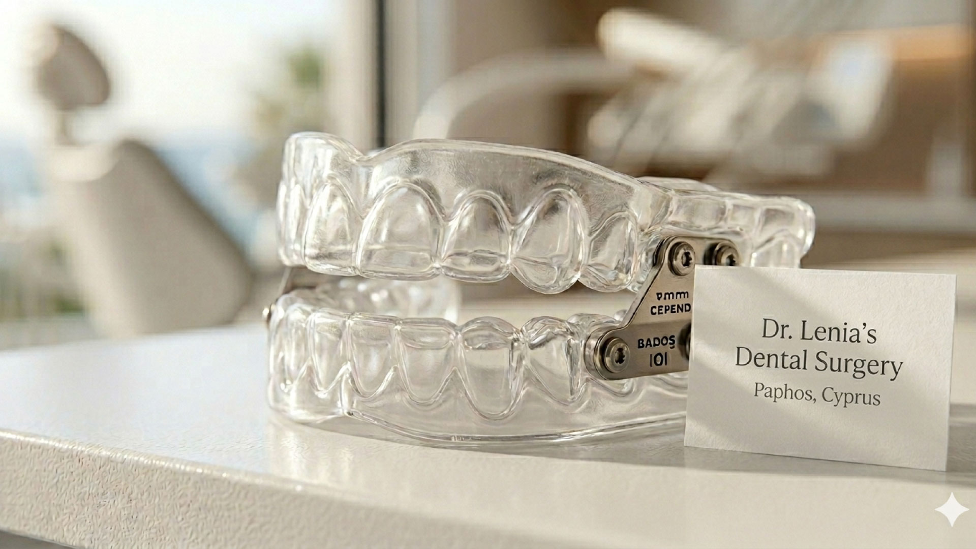 Close-up editorial conceptual shot of a clear, transparent custom mandibular advancement device (MAD) for sleep apnea treatment, resting on a bright white clinical surface. To the right, a minimalist textured business card subtly leans against the appliance, featuring the clean serif text "Dr. Lenia’s Dental Surgery" with "Paphos, Cyprus" elegantly printed in a smaller font below it. The background shows a modern dental clinic interior in a deep, soft bokeh blur, maintaining a bright and airy "Natural Clinical" lighting atmosphere.