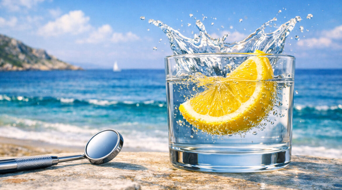Photorealistic 16:9 macro image illustrating dental enamel erosion caused by acidity — a fresh lemon slice splashes into a glass of water beside a stainless‑steel dental mirror on a sunlit Mediterranean shore, symbolizing how acid reflux and citric acid can weaken tooth enamel and the importance of clinical prevention at Dr. Lenia’s Dental Surgery in Paphos, Cyprus.