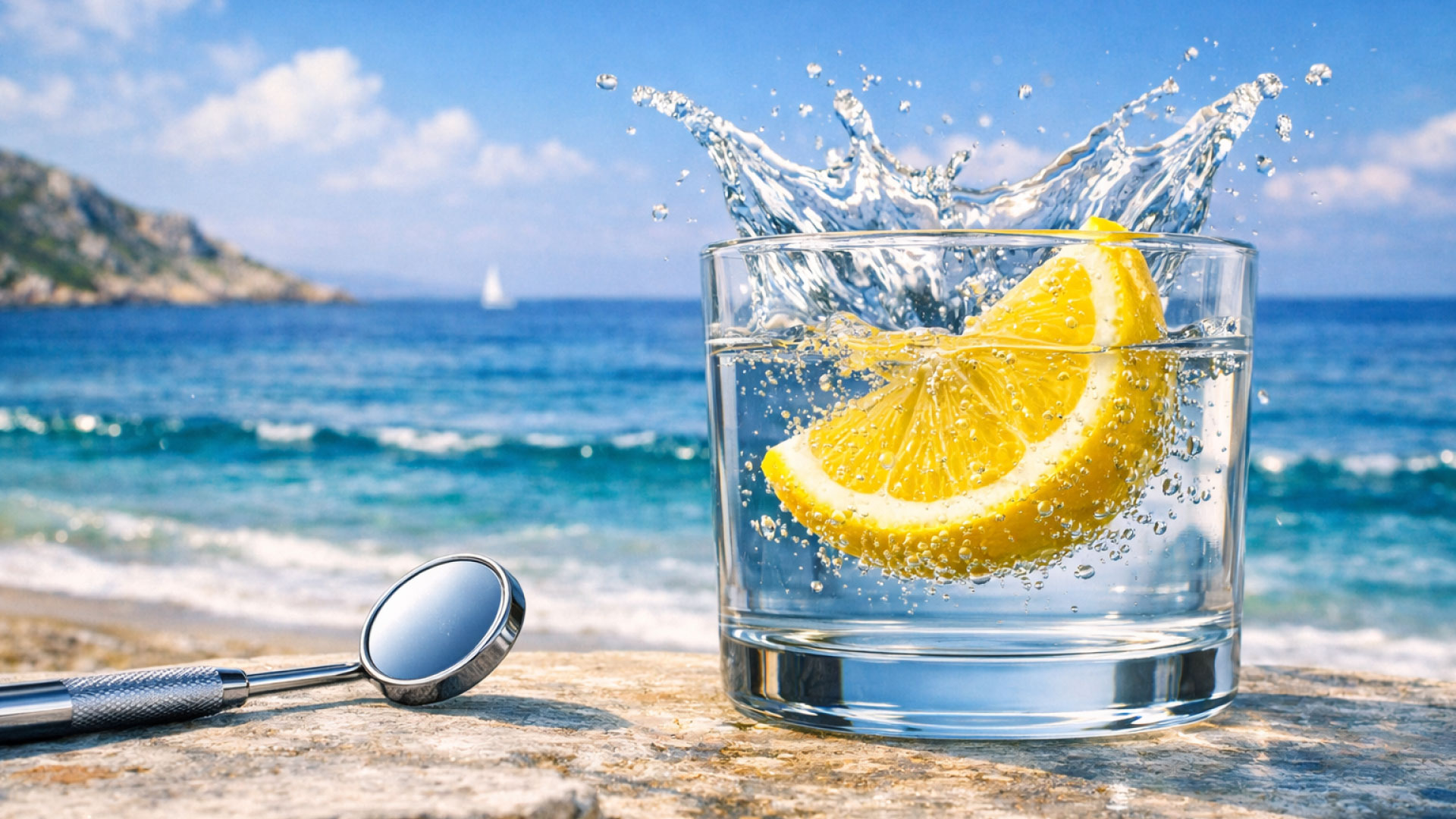 Photorealistic 16:9 macro image illustrating dental enamel erosion caused by acidity — a fresh lemon slice splashes into a glass of water beside a stainless‑steel dental mirror on a sunlit Mediterranean shore, symbolizing how acid reflux and citric acid can weaken tooth enamel and the importance of clinical prevention at Dr. Lenia’s Dental Surgery in Paphos, Cyprus.