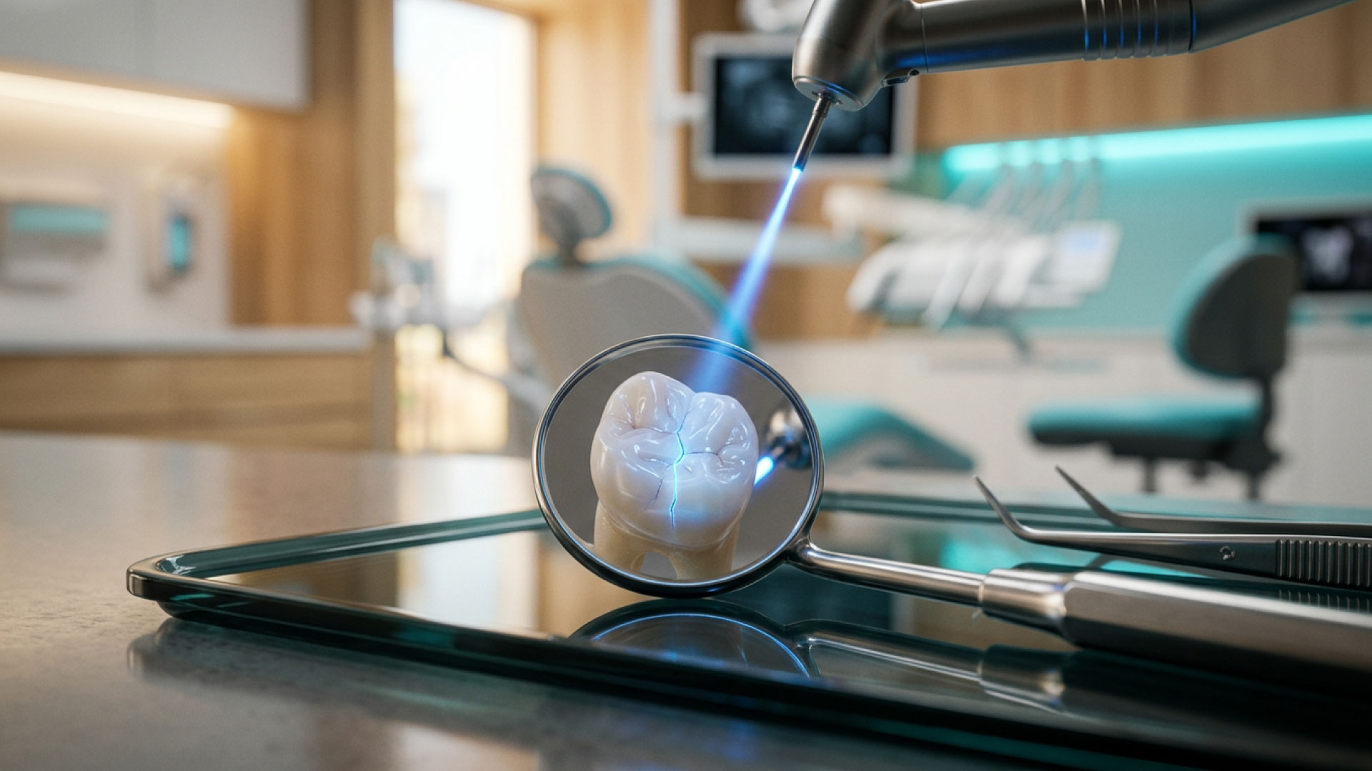 Home 12 Dental mirror reflecting a molar tooth with a highlighted microfracture under fiber-optic blue light, illustrating the diagnostic process for an invisible cracked tooth syndrome.