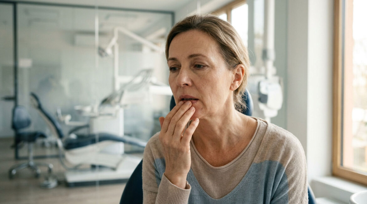 Portrait of a middle-aged woman with a thoughtful expression gently touching her lip, seated inside a modern, brightly lit dental office.