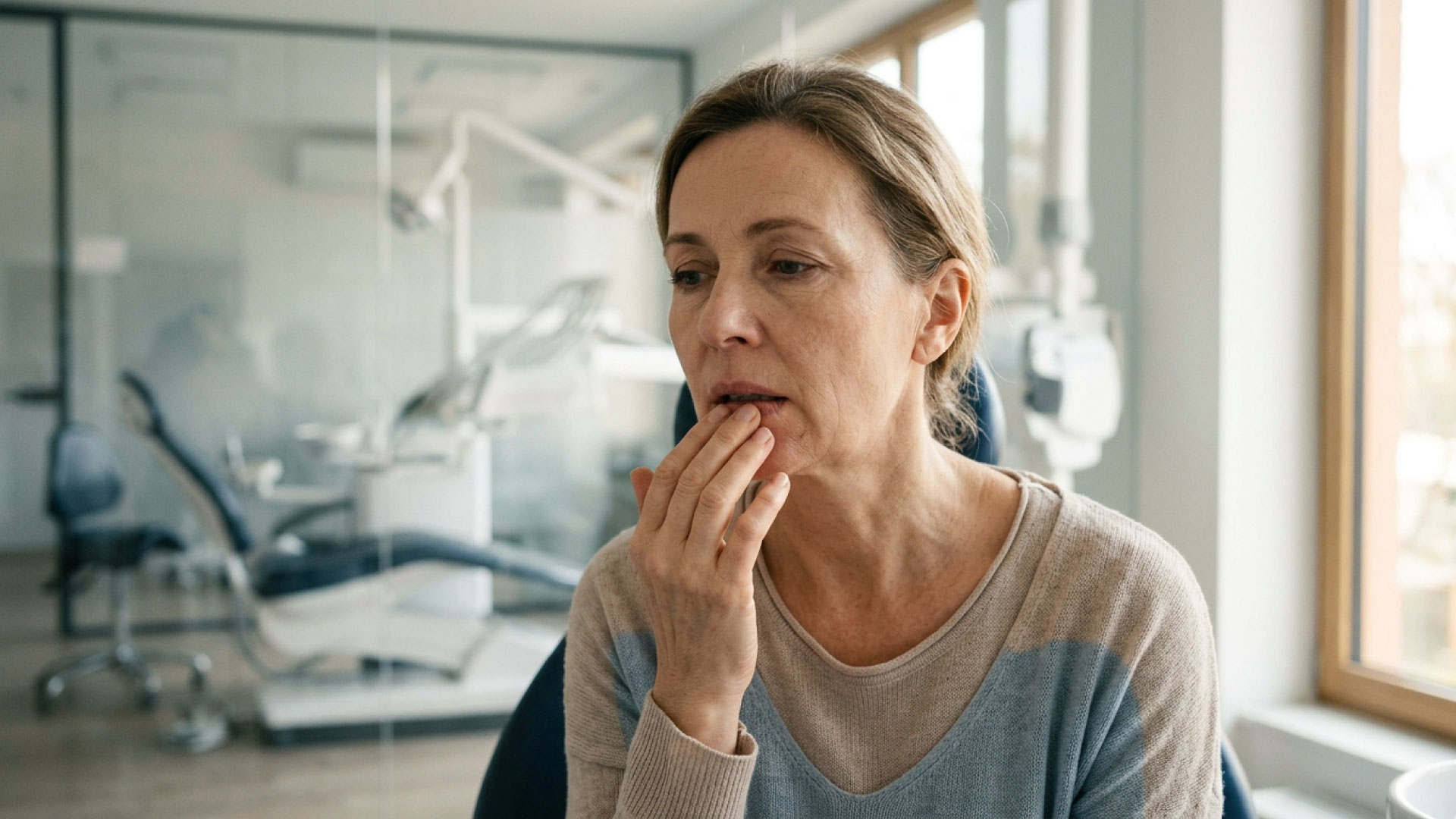 Portrait of a middle-aged woman with a thoughtful expression gently touching her lip, seated inside a modern, brightly lit dental office.