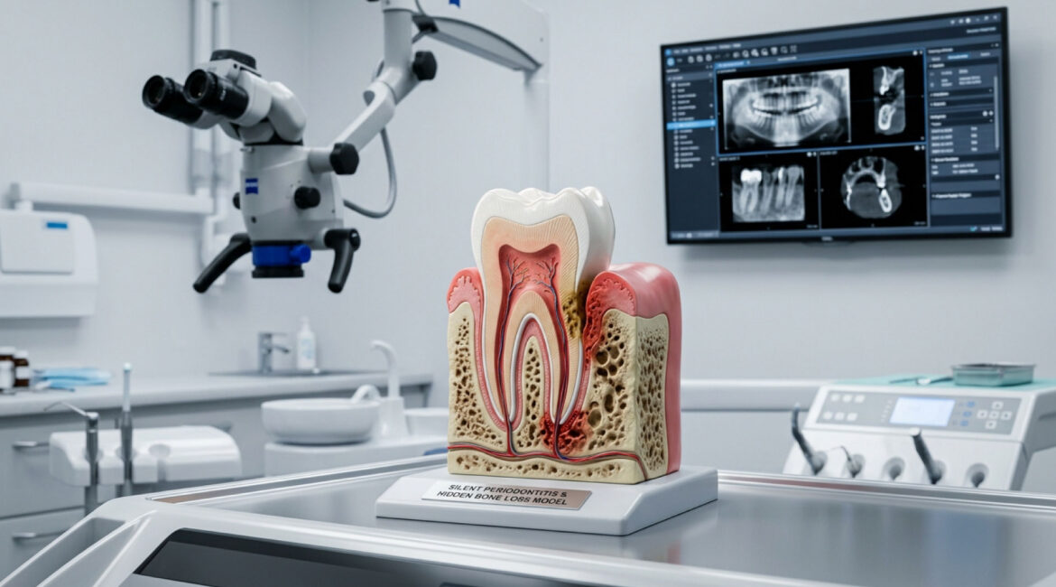 Anatomical 3D cross-section model of a molar tooth displayed in a modern dental clinic, illustrating silent periodontitis with firm pink gums masking deep hidden bone loss around the root structure.