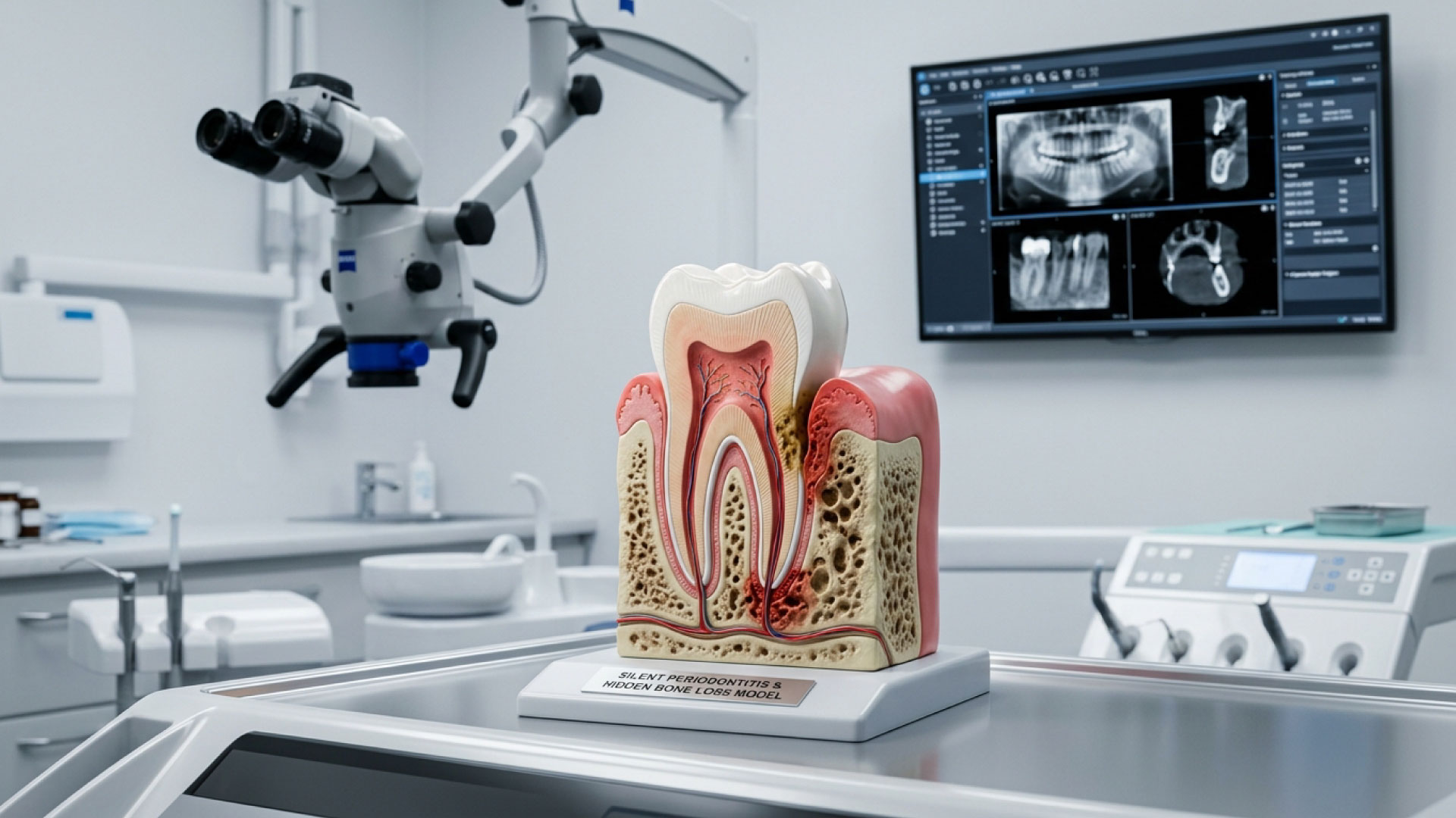 Anatomical 3D cross-section model of a molar tooth displayed in a modern dental clinic, illustrating silent periodontitis with firm pink gums masking deep hidden bone loss around the root structure.